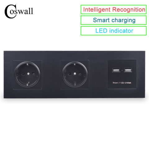 COSWALL Wall PC Panel Double Socket 16A EU Electrical Outlet Dual USB Smart Charging Port 5V 2A Output Knight Black Color ► Photo 1/4