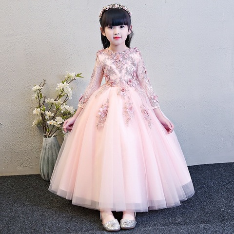 Elegant Pink Tulle Flower Girl Dress for Wedding Long Sleeve Appliques Kids Party Prom Dress First Communion Dresses Princess ► Photo 1/6