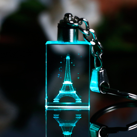 Laser Engraved Tower Crystal Cube Key Chain Hanging Decoration with Changing Colors LED Light Pendant Travel Souvenirs or Gifts ► Photo 1/6