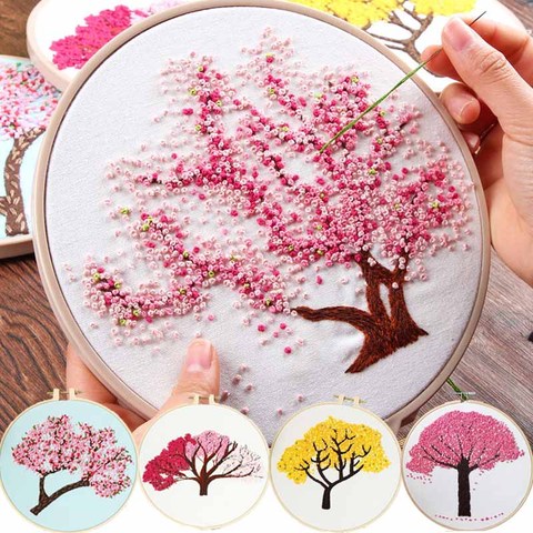 DIY Embroidery Plants Cherry Tree Handwork Needlework for Beginner Cross Stitch Kit Ribbon Painting Embroidery Hoop Home Decor ► Photo 1/6