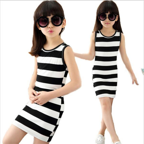 Children dressed in black clothes and white stripes 100% Cotton 3-14 years old vest dresses for teens ► Photo 1/6