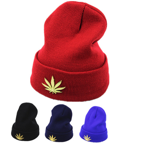 Autumn Winter Unisex warm knit hat Men ladies Flanging Skullies Beanies fashion metal hemp leaf hip hop hat street outdoor Z166 ► Photo 1/6