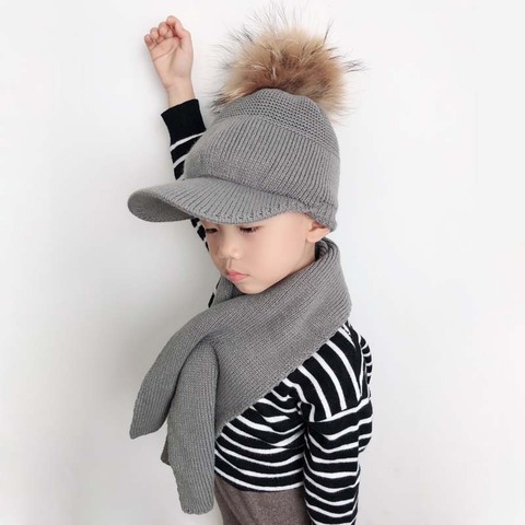 Winter Hat and scarf Set For Kids Baby Cotton Knitted Baseball Cap Children Real Fur Pompom Beanie Visor Hat ► Photo 1/6