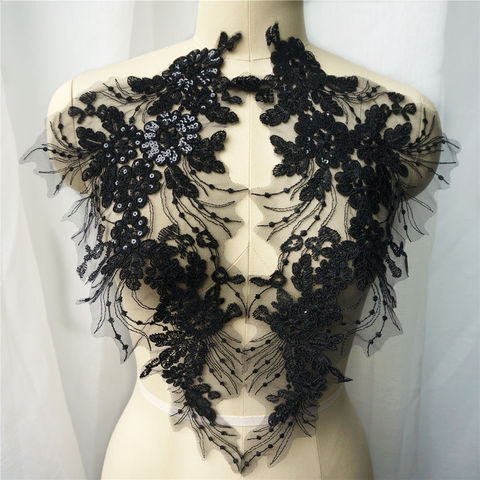 2PCS Black Sequin Flower Tassel Wedding Gown Appliques Lace Fabric Embroidered Trims Collar Mesh Sew Patch For Dress DIY Decor ► Photo 1/6