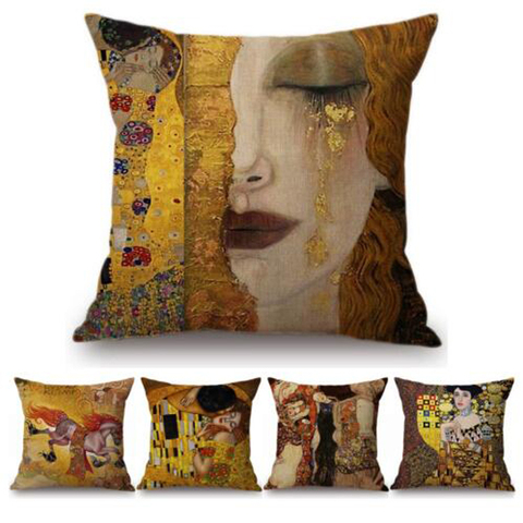 Gold Oil Painting Throw Pillow Cover Gustav Klimt Gallery Pillow Case Home Decorative Pillow  Linen Pillowcase Sofa Cushion ► Photo 1/6