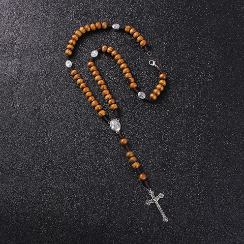 KOMi Catholic Brown Wooden Rosary Beads Orthodox Cross Woven Rope Necklace Of Religious Jewelry Men Women R-157 ► Photo 1/6