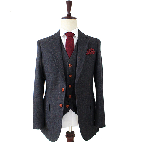Wool Dark Grey Herringbone Tweed tailor slim fit wedding suits for men Retro gentleman style custom made mens 3 piece suit ► Photo 1/6