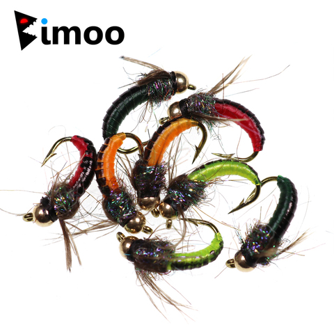 Bimoo 8PCS #12 Brass Bead Head Fast Siking Nymph Scud Fly Bug Worm for Trout Fishing Nymphing Artificial Insect Bait Lure Green ► Photo 1/6