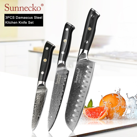 SUNNECKO 3PCS Damascus Kitchen Knives Set Santoku Utility Paring Knife Japanese VG10 Steel G10 Handle Sharp Meat Fruit Cutting ► Photo 1/6