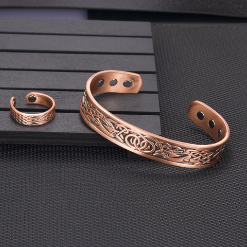 Vinterly Magnetic Copper Bracelet Ring Health Energy Jewelry Sets for Women Men Vintage Adjustable Cuff Ring Bracelets Bangles ► Photo 1/6