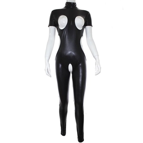 Sexy Wet Look Faux Leather Open Breast Crotchless Jumpsuit Cupless Women Bodysuit Catsuit Mistress Cosplay Fetish Costume ► Photo 1/2