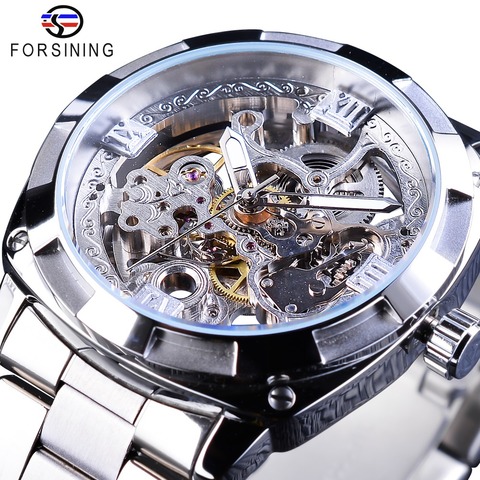 Forsining Silver Watches Folding Clasp with Safety Men's Automatic Watches Top Brand Luxury Transparent Watches Luminous Hands ► Photo 1/6