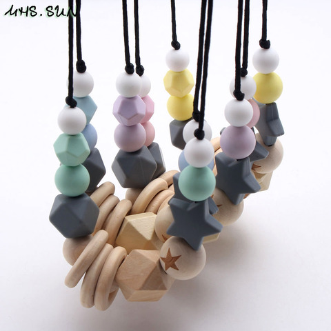 MHS.SUN Baby Infant Silicone Wooden Beads Necklace Safty Teething Nursing Beads Necklace Colorful Breastfeeding Jewelry For Mom ► Photo 1/6
