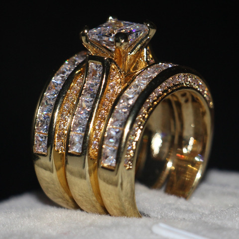 Vecalon Fashion 3-in-1 Women ring Princess cut 7mm AAAAA Zircon cz Yellow Gold 925 Sterling Silver wedding Band ring Set ► Photo 1/1