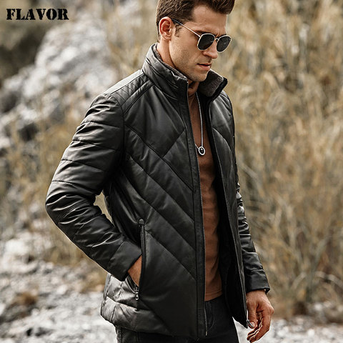 FLAVOR Men's Real Leather Down Jacket Men Genuine Lambskin Winter Warm Leather Coat with Removable Standing Sheep Fur Collar ► Photo 1/6