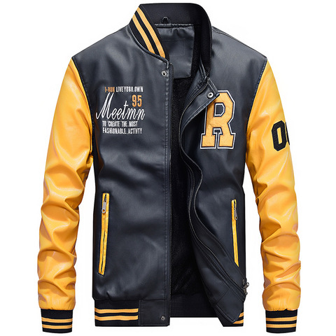 Fleece Pilot Leather Jacket Hombre Embroidery Baseball Jackets Men Letter Stand Collar Pu Leather Hip Hop Coats Plus Size 4XL ► Photo 1/5