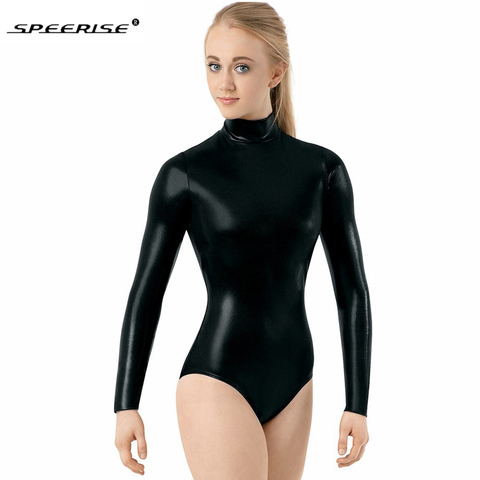 Speerise Dance Leotard For WomenSilver Turtleneck Shiny Metallic Gymnastics Ballet Leotards Long Sleeve Mens Bodysuit Costumes ► Photo 1/6