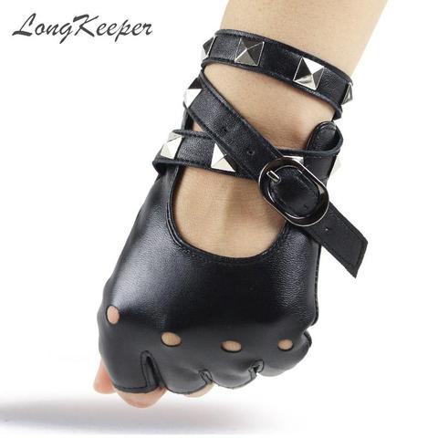 LongKeeper 1 Pair Half Finger PU Leather Gloves Women Rock Punk Style Rivet Fingerless Black Gloves New Mittens Luvas ► Photo 1/6