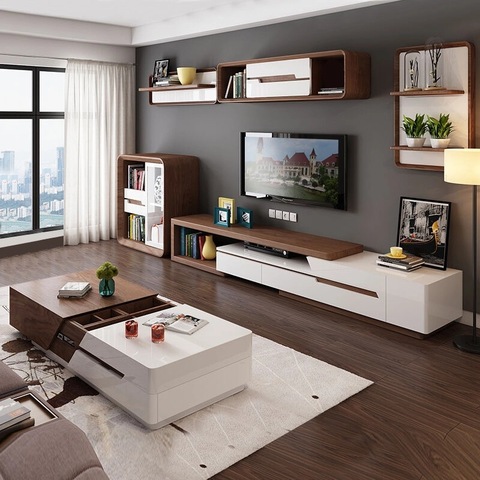 Modern minimalist white painted coffee table TV cabinet combination fashion wood grain stretchable living room coffee table ► Photo 1/5