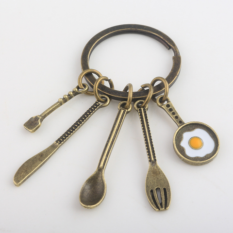RJ Fashion Creative Kitchen Tools Chef Souvenir Gift  Keychain Bronze Soup Spoon Knife Fork Pan Egg Pendant Mother's Day Keyring ► Photo 1/6