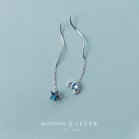 Modian Classic Long Chain Tassel Drop Earrings For Women Genuine 925 Sterling Silver Clear Blue Crystal Stars Moon Jewelry Gift ► Photo 1/5