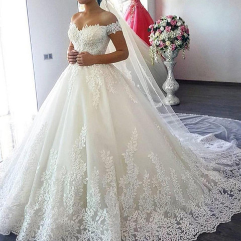 QQ Lover 2022 White Off the Shoulder Vestido De Noiva Wedding Dress Train Custom-made Plus Size Bridal Tulle Mariage ► Photo 1/2