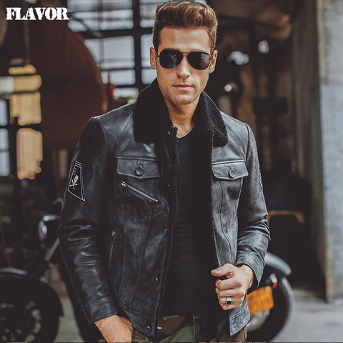 Men's black real leather jacket Genuine Leather jacket pigskin fur collar motorcycle jackets winter warm coat men ► Photo 1/6