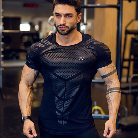 Compression Quick dry T-shirt Men Running Sport Skinny Short Tee Shirt Male Gym Fitness Bodybuilding Workout Black Tops Clothing ► Photo 1/6