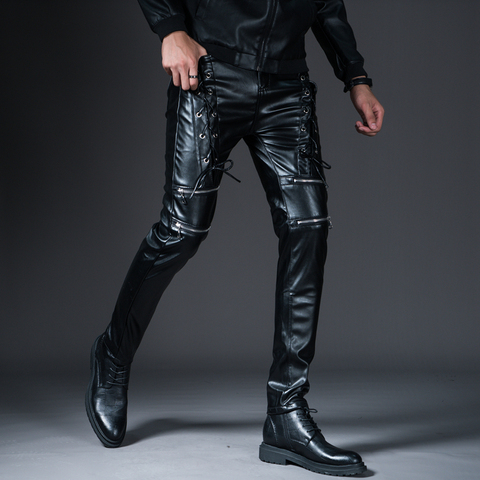 New Winter Spring Mens Skinny Biker Leather Pants Fashion Faux Leather Motorcycle Trousers For Male Trouser Stage Club Wear ► Photo 1/6
