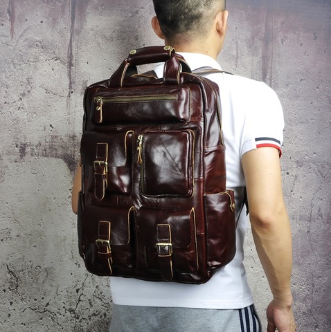 Genuine Leather Heavy Duty Design Men Travel Casual Backpack Daypack Fashion Knapsack College School Book Laptop Bag Male 1170-c ► Photo 1/6