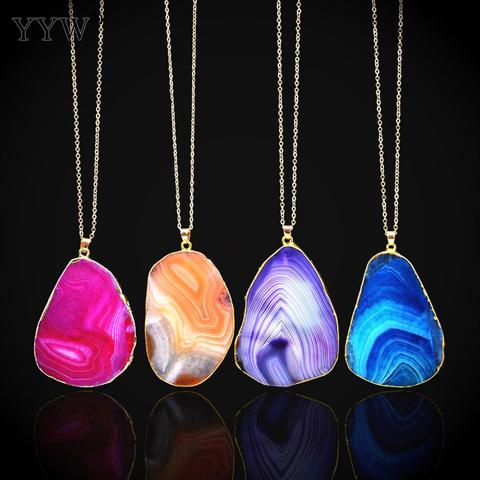 Fashion Natural Stone Pendant Necklace For Women Men Jewelry 35mm Colorful Agates Slice With Gold Fill Long Chain Collier Femme ► Photo 1/6