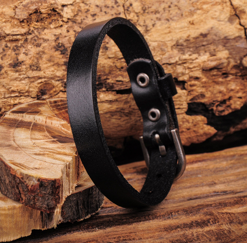 G458 Black Simply Cool Single Wrap Genuine Leather Bracelet Buckle Cuff Men's ► Photo 1/6