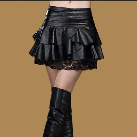 Lady Oversized Autumn High Waist Leather Skirt Pu Lace Splice Mini A Line Skirts Woman Plus Size Black Skirt Female Winter Skirt ► Photo 1/1