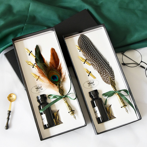 Colorful Feather Metal Pen Nibbed Dip Writing Ink Quill Pens Set For School Gift