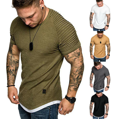 Hot Men's T-Shirts Pleated Wrinkled Slim Fit O Neck Short Sleeve Muscle Solid Casual Tops Shirts Summer Basic Tee New ► Photo 1/6