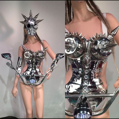 Sexy Silver Mirror Locomotive skull head mask costume DS Ballroom Dance Dress Party Robot Suit singer space show stage wears ► Photo 1/1