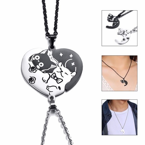 2 Pcs/Set Cute Cat Dog Shape Heart Puzzle Couples Necklaces for Women Men Stainless Steel Pendants Lover Promise Keepsake Gifts ► Photo 1/6