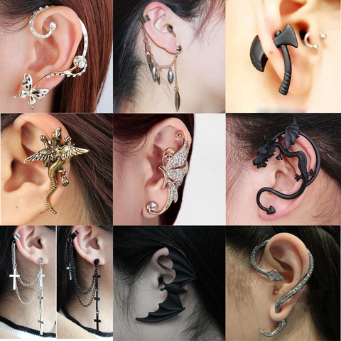 Gothic DIY Black Bat Shaped Ear Clips For Women Girls Punk Dragon Snake Butterfly Ax Vintage Earrings Party Gifts Jewelry 2022 ► Photo 1/6