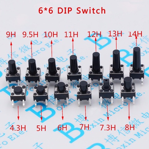 100pcs/lot Touch Key Micro Switch 6 * 6 * 4.3/5/6/7/8/9/10/11/12/13 MM Button 4 pin vertical DIP sets ► Photo 1/1