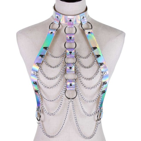 Holographic chain harness body chain bra top punk  women holo rainbow pvc body jewelry Bondage Waist summer festival rave outfit ► Photo 1/6