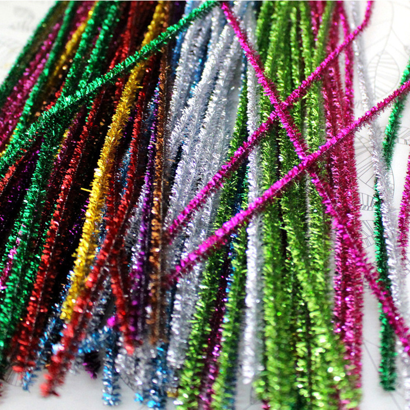 100pcs Glitter Crafting Kids Educational Party Decoration DIY Pipe Cleaner  Toys Chenille Stems Pipe Cleaners Plush Tinsel Craft Supplies SILVER 