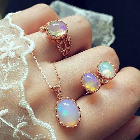 Opal Jewelry Sets For Woman Pendant Necklaces Choker Water Drop Earrings & Ring Gold Color Bohemia Wedding Jewelry Gifts ► Photo 1/6