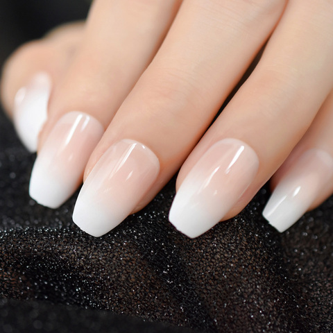 Pink Nude White French Ballerina Coffin False Nails Gradient natural Manicure Press on Fake Nails Tips Daily Office Finger Wear ► Photo 1/6