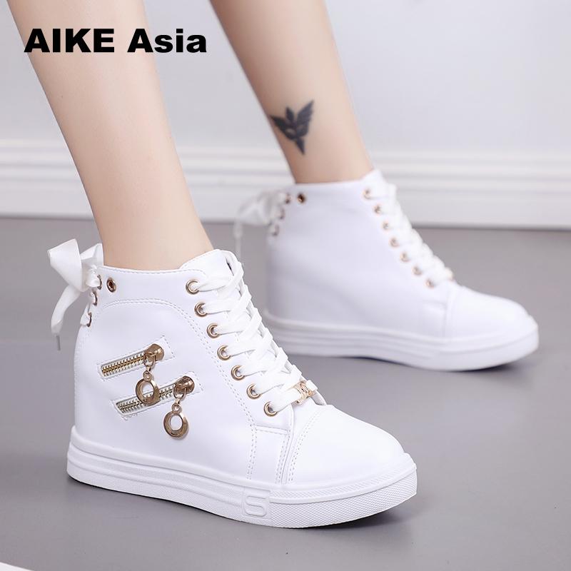 Women's High Platform Creepers Wedge Sneakers Lace Casual Shoes Leather