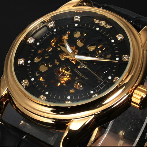 Winner Top Brand Luxury Royal Diamond Design Black Gold Watch Montre Homme Mens Watches Relogio Male Skeleton Mechanical Watch ► Photo 1/6