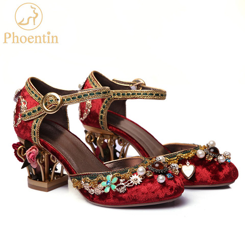 Phoentin velvet ankle strap Chinese wedding shoes women crystal buckle pearl rhinestone flower decoration mary jane shoe FT267 ► Photo 1/6