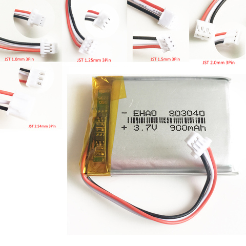 3.7V 900mAh Lithium Polymer LiPo Rechargeable Battery JST 1.0/1.25/1.5/ 2.0/2.5 3pin connector For PAD camera GPS laptop 803040 ► Photo 1/6