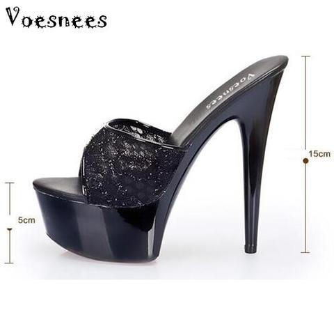 Women Shoes 2022 Sweet High-heeled Shoes 13 / 15cm Fine With Thick Black Slippers Lace Fashion Banquet Ladies Shoes Sizes 34-44 ► Photo 1/6