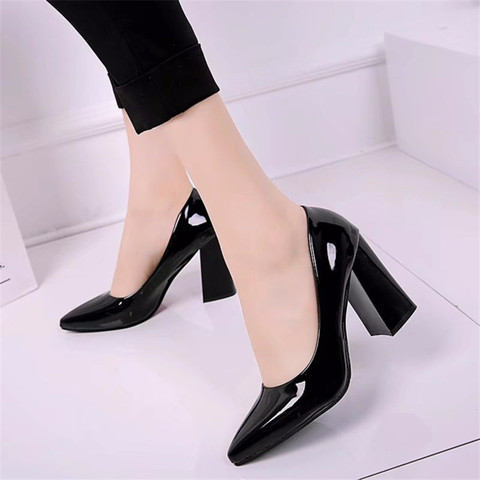Patent Leather High heels pumps women shoes Sexy Pointed Square heel pumps Black Office female shoes Shallow Slip-On Party shoes ► Photo 1/6