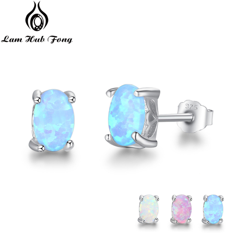 925 Sterling Silver Stud Earrings for Women Cute 4mm Created Oval White Pink Blue Fire Opal Earrings Fine Jewelry (Lam Hub Fong) ► Photo 1/6